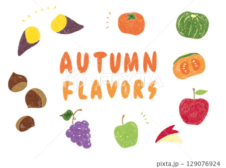 かわいい手描きの秋の味覚のイラストセット 129076924