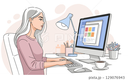 自宅オフィスでパソコンを使って仕事をする若い女性 129076943