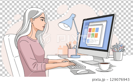 自宅オフィスでパソコンを使って仕事をする若い女性 129076943