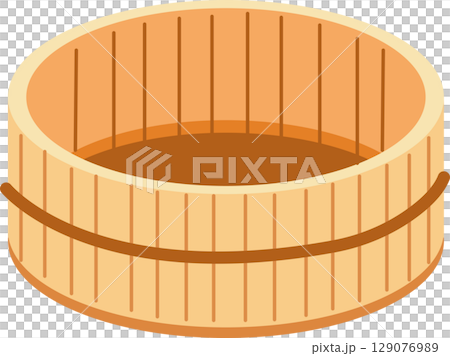 japanese wooden bath bucket traditional onsen container.  round wooden bucket cartoon style bath accessory from japan tradition 129076989