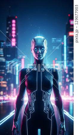 サイバー空間で働く女性 サイバー空間で働く女性 129077003