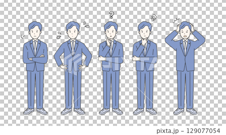 一位憂心忡忡的商務人士全身的簡單圖像。負面插圖素材集。困惑、焦慮、緊張的臉部表情。 129077054