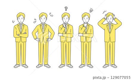 悩むビジネスパーソンの全身シンプルイメージ ネガティブイラスト素材セット　困惑・不安・ストレス表情 129077055