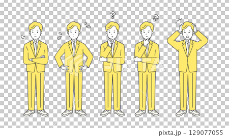 悩むビジネスパーソンの全身シンプルイメージ ネガティブイラスト素材セット　困惑・不安・ストレス表情 129077055