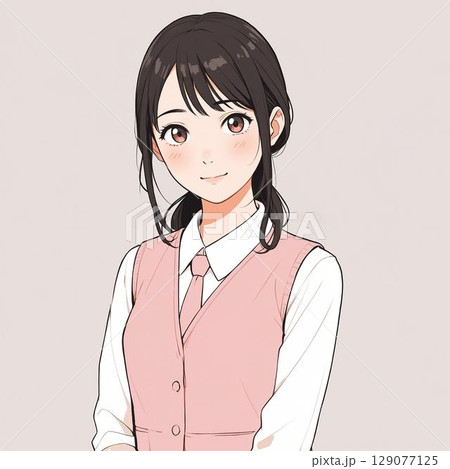 柔らかな笑顔を浮かべるピンクベストの受付女性（白背景） 129077125