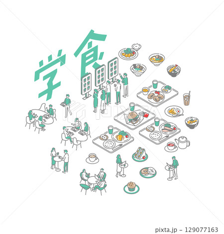 学生食堂／シンプルな学生食堂のイラストセット 129077163