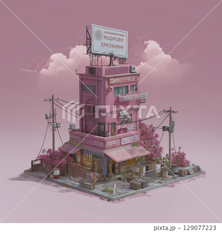 Pink multi story building with rooftop...のイラスト素材 [129077223] - PIXTA