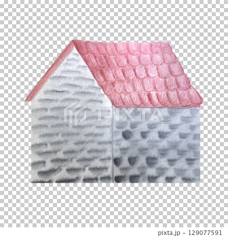 A stone house with a pink tiled roof, side view. Watercolor illustration isolated on white. of Ideal for fairytale maps, fantasy environments, architectural scenes, and children storybook design A stone house with a pink tiled roof, side view. Watercolor illustration isolated on white. of Ideal for fairytale maps, fantasy environments, architectural scenes, and children storybook design 129077591