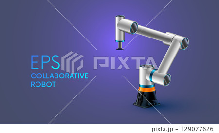 Industrial Robot hand. A robot arm or a robotic limb. A small desktop collaborative robot manipulator with a suction cup for sorting small objects in a scientific laboratory. Vector illustration. Industrial Robot hand. A robot arm or a robotic limb. A small desktop collaborative robot manipulator with a suction cup for sorting small objects in a scientific laboratory. Vector illustration. 129077626