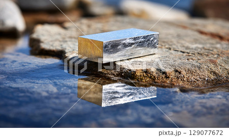 Reflective silver metal cube resting on a rough textured surface 129077672