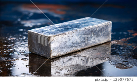 Textured surface showcasing a shiny silver metal block with reflective qualities 129077673