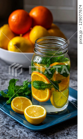 Mason jar filled with refreshing citrus and mint infused water, perfect for hydration 129077674