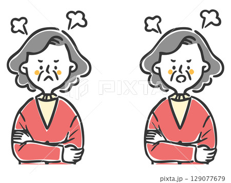 怒っているシニア女性　上半身　ベクター 129077679