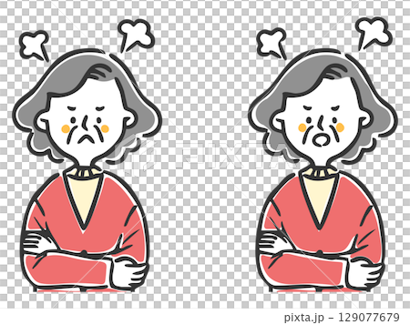 怒っているシニア女性　上半身　ベクター 129077679
