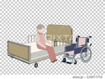 介護ベットを試している老人と車椅子の絵 129077734