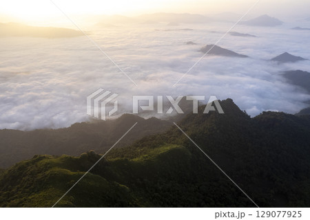 Landscape of Morning Mist with Mountain Layer. mountain ridge and clouds in rural jungle bush forest Landscape of Morning Mist with Mountain Layer. mountain ridge and clouds in rural jungle bush forest 129077925