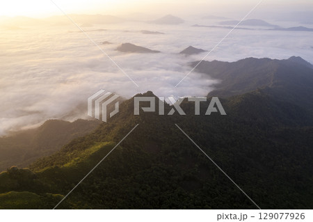 Landscape of Morning Mist with Mountain Layer. mountain ridge and clouds in rural jungle bush forest Landscape of Morning Mist with Mountain Layer. mountain ridge and clouds in rural jungle bush forest 129077926
