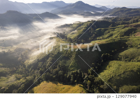 Landscape of Morning Mist with Mountain Layer. mountain ridge and clouds in rural jungle bush forest 129077940