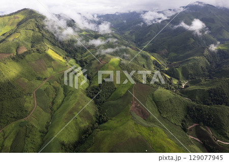 Landscape of Morning Mist with Mountain Layer. mountain ridge and clouds in rural jungle bush forest 129077945