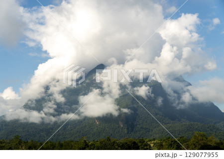 Landscape of Morning Mist with Mountain Layer. mountain ridge and clouds in rural jungle bush forest 129077955