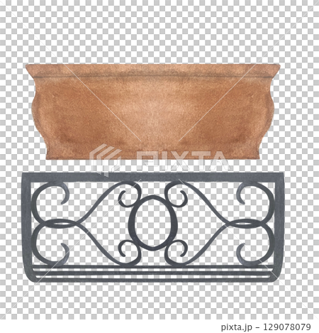 Terracotta flower pot illustration with watercolor texture, classic curved shape. Hand-painted clip art isolated on white.Perfect for botanical arrangements, garden designs, and spring decor projects 129078079