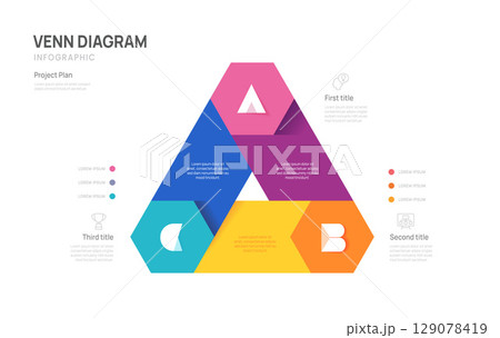 Triangle Venn diagram business infographic chart template 3 steps, presentation with venn diagram elements vector illustration. 129078419