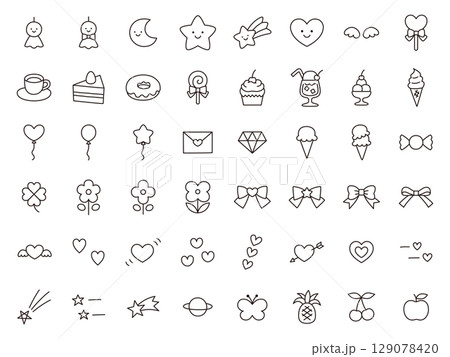 かわいいアイコンセットのベクターイラスト。飾り、ハート、お菓子、星、リボン 129078420