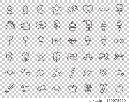 かわいいアイコンセットのベクターイラスト。飾り、ハート、お菓子、星、リボン 129078420