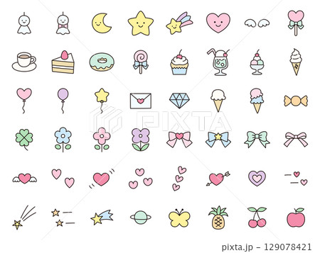 かわいいアイコンセットのベクターイラスト。飾り、ハート、お菓子、星、リボン 129078421