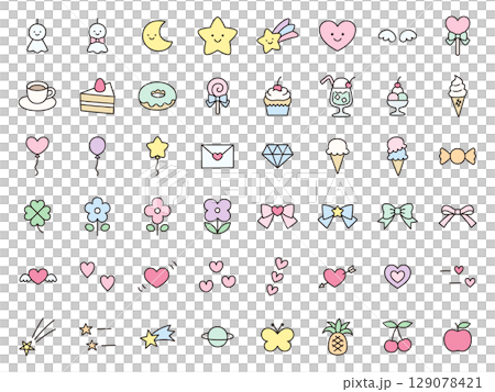 かわいいアイコンセットのベクターイラスト。飾り、ハート、お菓子、星、リボン 129078421