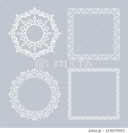 Set of decorative frames Elegant vector element for design in Eastern style, place for text. Floral gray and white borders. Lace illustration for invitations and greeting cards. 129078463