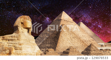 night scene of the castle pyramid in the desert 129078533