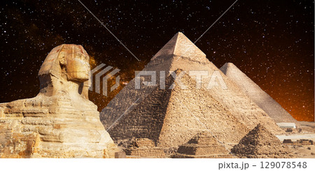 night scene of the castle pyramid in the desert night scene of the castle pyramid in the desert 129078548