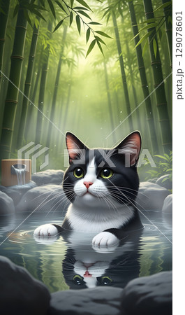 温泉につかる猫のイラスト 129078601