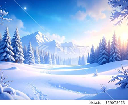 雪に包まれた山と森に朝日が差し込む幻想的な冬の風景イラスト 129078658