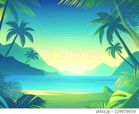 ヤシの木に囲まれた南国の海と山が広がるリゾート風の風景イラスト 129078659