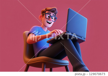 3D illustration of a young man sitting in a chair, using a laptop to work 129078673