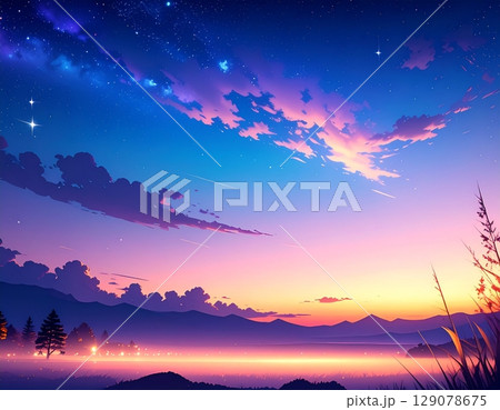 星が輝く夕焼け空と山並みが広がる幻想的で美しい夕暮れの風景イラスト 129078675