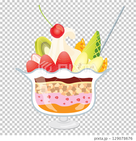 草莓、奇異果、香蕉配料，華麗多彩的甜點凍糕插畫 129078676