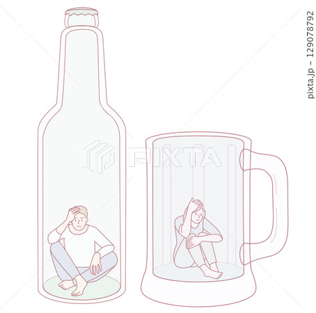 An illustration showcasing the theme of isolation depicted through bottles and mugs as symbols 129078792
