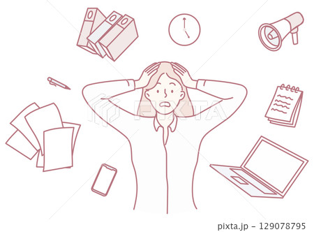 A Stressed Woman Surrounded by Office Clutter, Deadlines, and Constant Pressure and Chaos 129078795