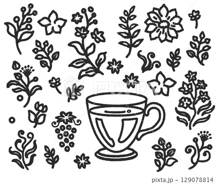 植物とティーカップの黒い線画 129078814