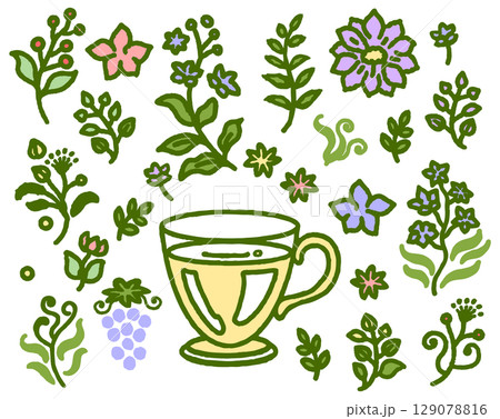 植物とティーカップのカラフルな線画 129078816