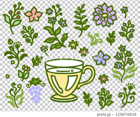 植物とティーカップのカラフルな線画 129078816