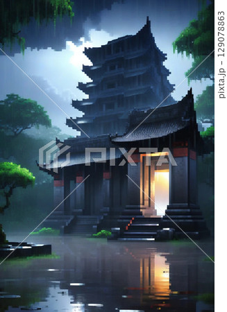 雨の廃墟(ピクセルアート風) 129078863