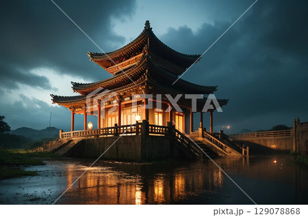 雨上がりの寺院 129078868