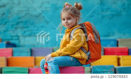 Cute little girl with backpack and books, ready for back to school Cute little girl with backpack and books, ready for back to school 129078883