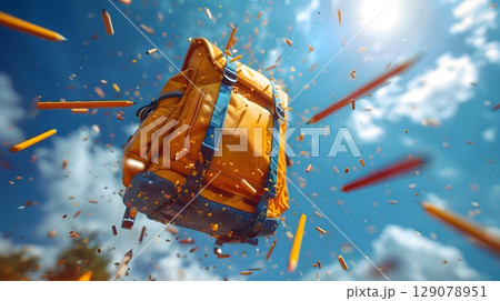 Flying yellow backpack with school supplies in sky, back to school concept 129078951