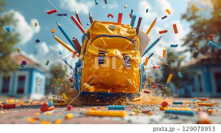 Colorful school supplies flying out of yellow backpack in schoolyard 129078953