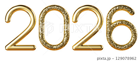 Gold Glitter 2026 Metallic 2026 Symbol. Lettering For New Year Celebration. 3d render illustration. 129078962